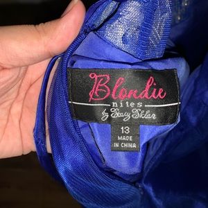 Royal blue ball gown dress with gold embroidery